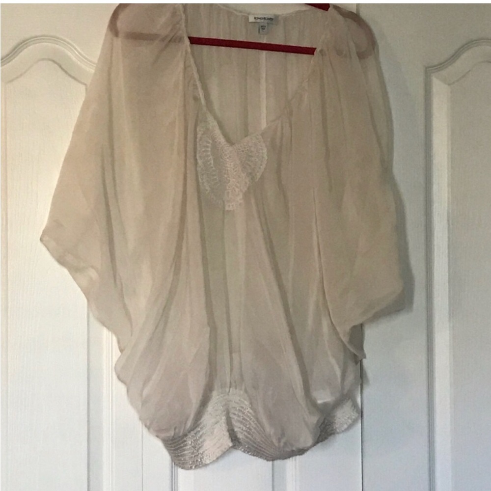 Sheer Cream Batwing Bebe Top with Lace Trim